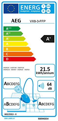 AEG VX8-3-FFP Staubsauger mit Beutel (500 W, EEK A+, nur 64 dB(A), 12 m Aktionsradius, Softräder, 3,5 l Staubbeutelvolumen, waschbarer Allergy Plus Filter) blau  [Energieklasse A+] - 2