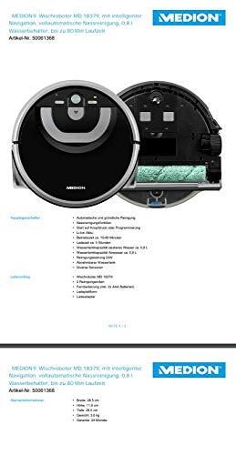 MEDION Wischroboter mit intelligenter Navigation (80 Min Laufzeit, vollautomatische Nassreinigung, 0,8 l Wasserbehälter, MD 18379) schwarz - 9